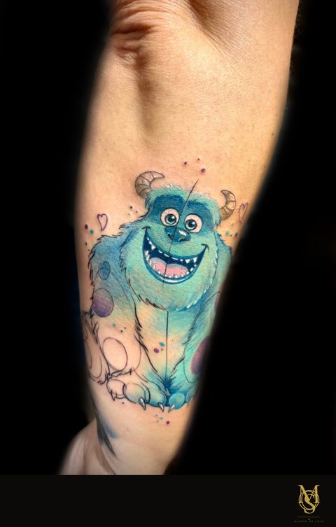 Tatouage réaliste couleur, Sully de Monstres et Cie, avant-bras, par Matilda